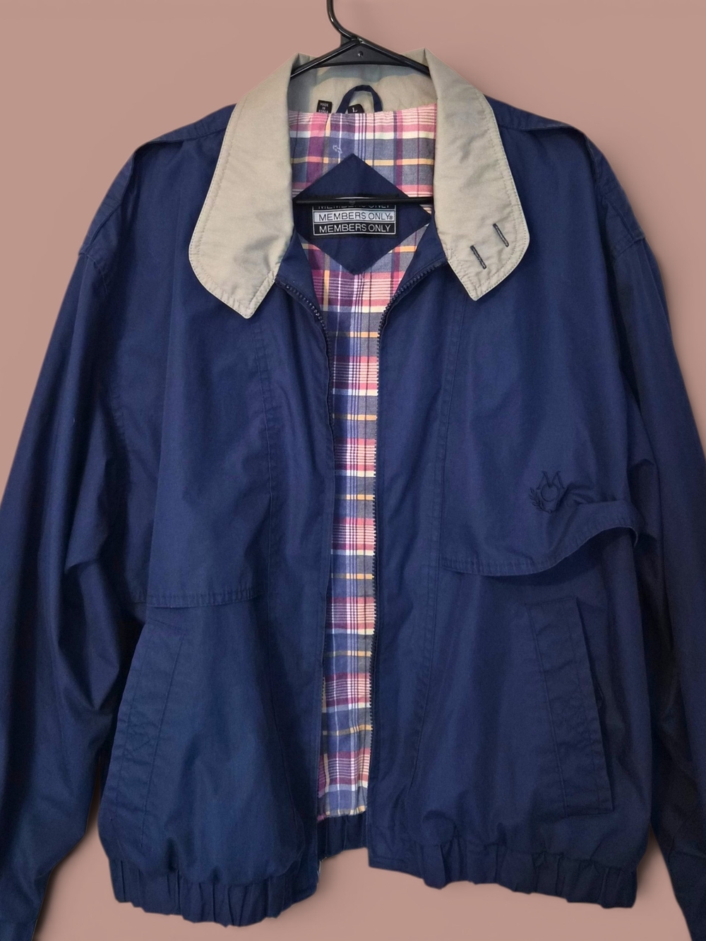 Vintage Members Only Bomber Jacket Men's Size L - Blue with Plaid Lining